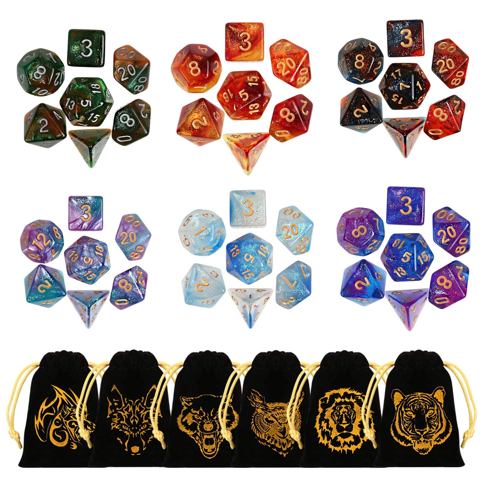 GWHOLE 6 Conjuntos Dados de rol(42 Piezas) Dado Poliédrico Professional para Juegos de Mesa, Dungeons y Dragons DND RPG MTG Juegos de rol con Bolsa Negra Portátil Color 1